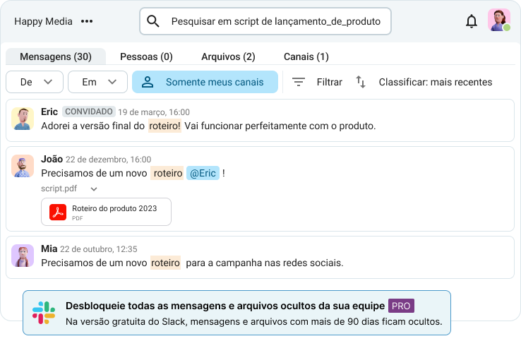 O histórico de mensagens do Pumble preserva todos os arquivos e conversas, enquanto o Slack oculta tudo o que tem mais de 90 dias.
