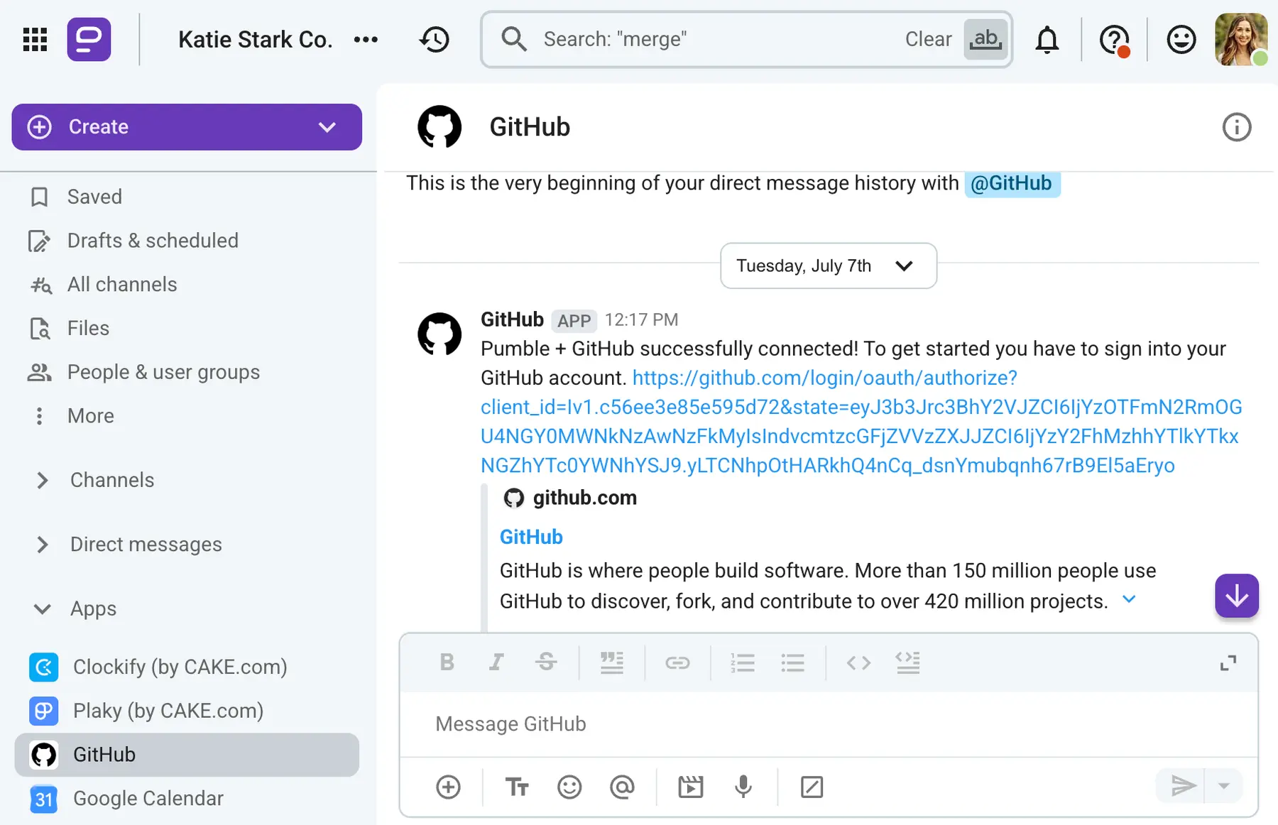 To connect your GitHub account to your Pumble workspace, all you need to do is follow the link