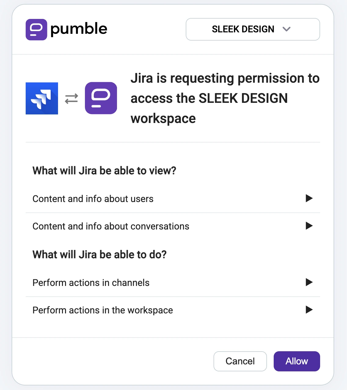 Workspace users grant app permissions before accessing the integration