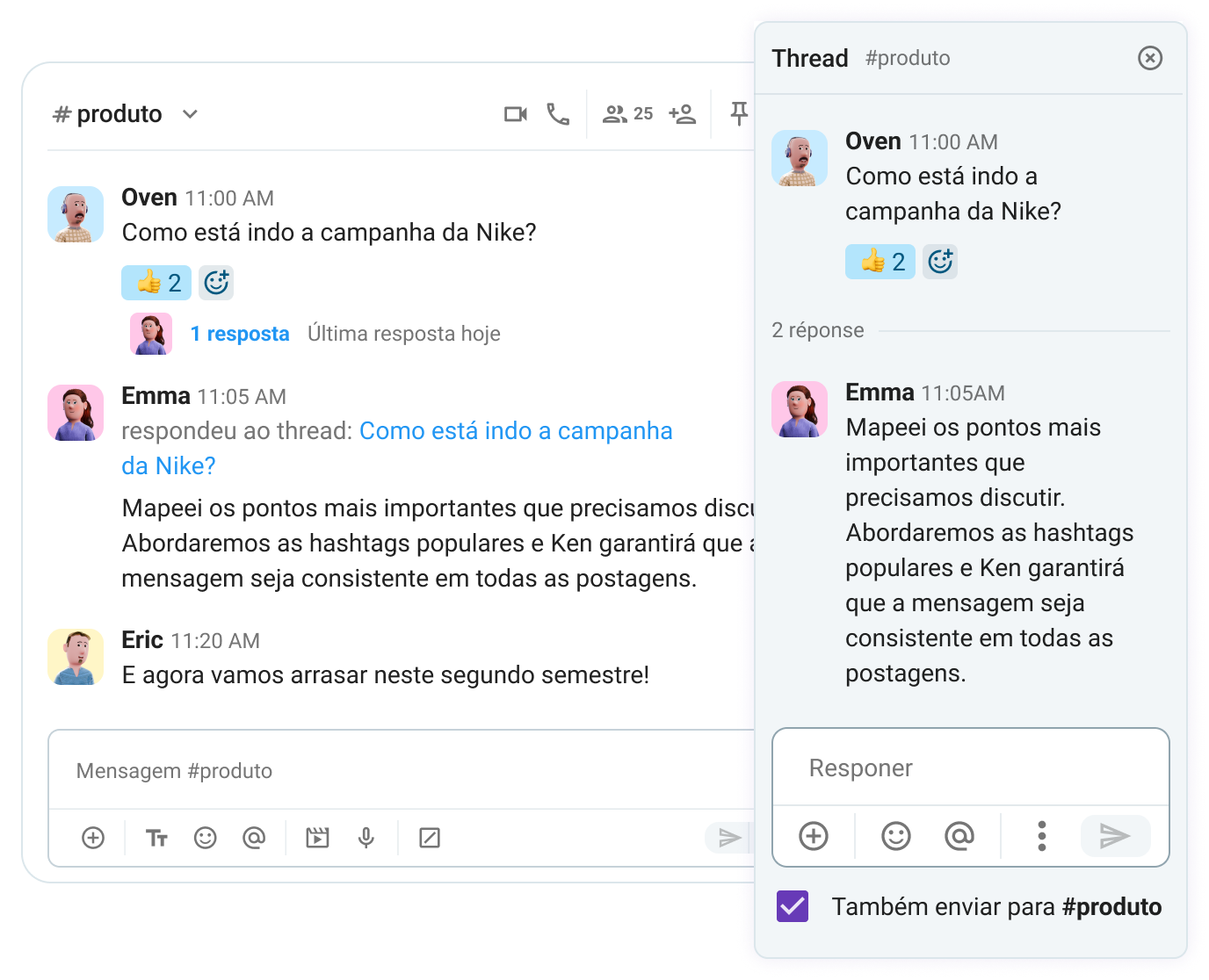 Enviar respostas importantes tanto para o Thread quanto para o canal garante visibilidade quando necessário