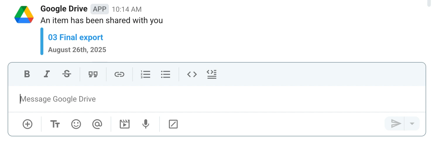 Google Drive integration sending a DM notification on Pumble about a shared item