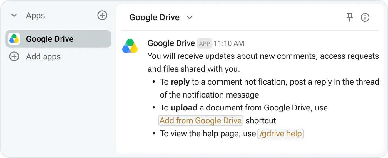 Google Drive welcome message in Pumble