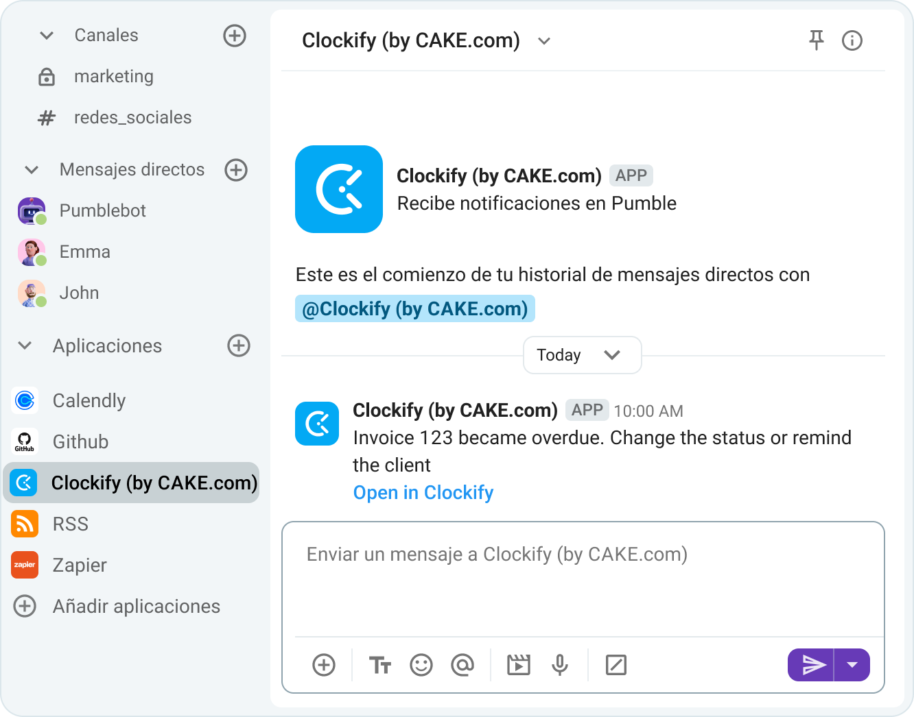 Notificación de factura vencida en Pumble