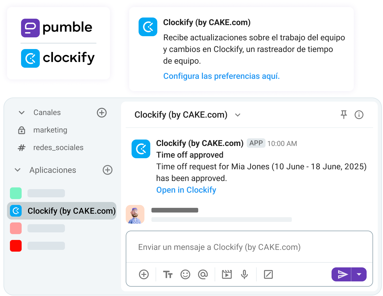 Notificaciones de tiempo libre aprobado en Pumble