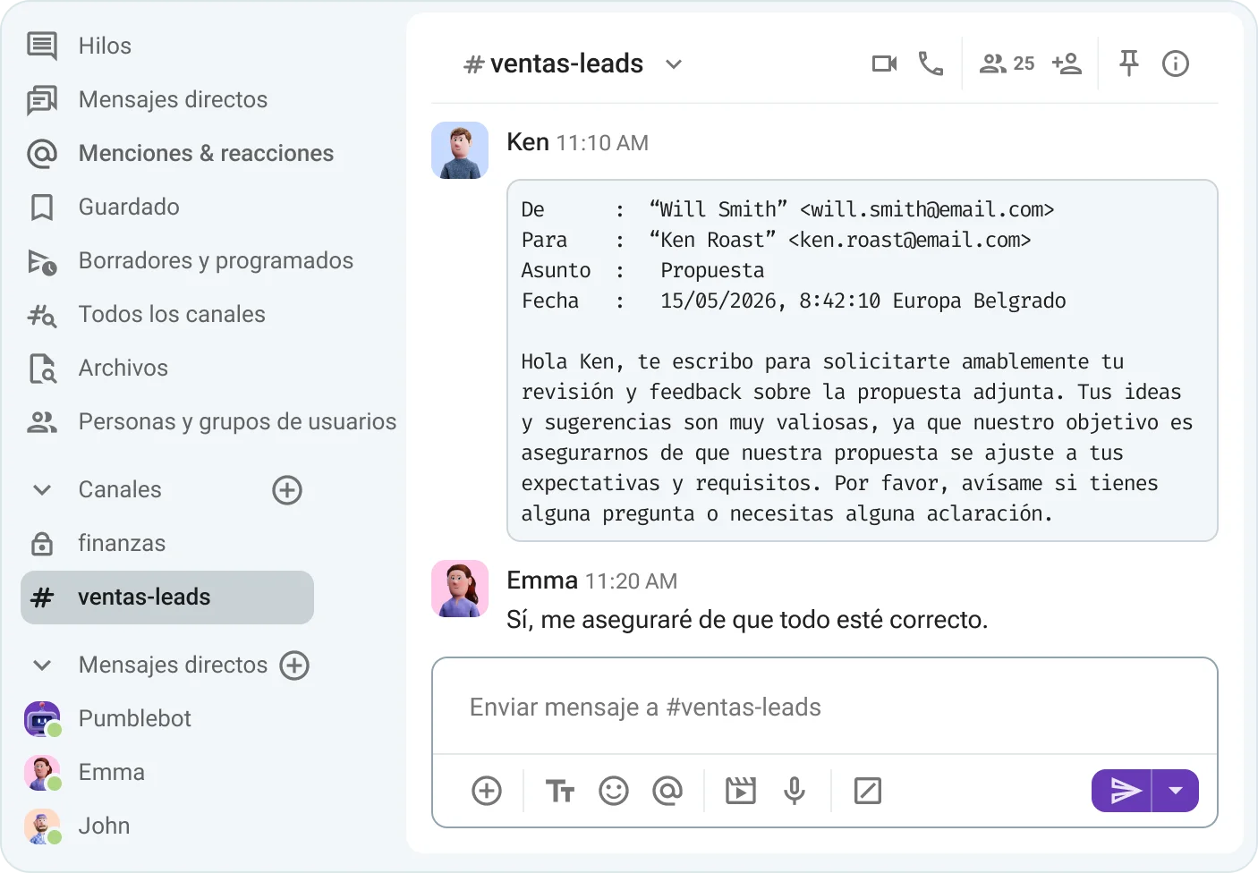 Reenvía correos electrónicos a Pumble