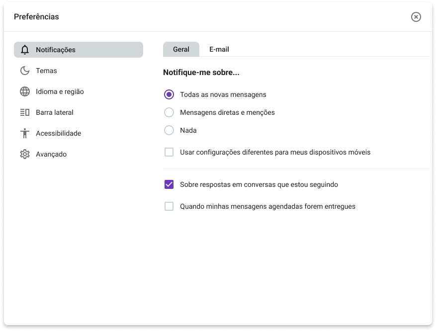 Preferências de notificação no Pumble  